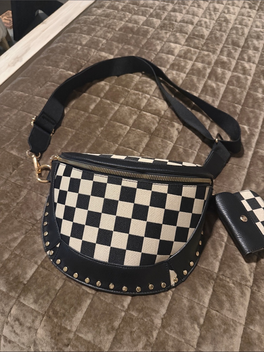 Black & Cream Checkered Crossbody Belt Bag with Gold Hardware
